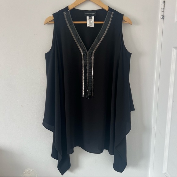 Frank Lyman Cold Shoulder Embellished Tunic Black Made in Canada Size L - Picture 2 of 8